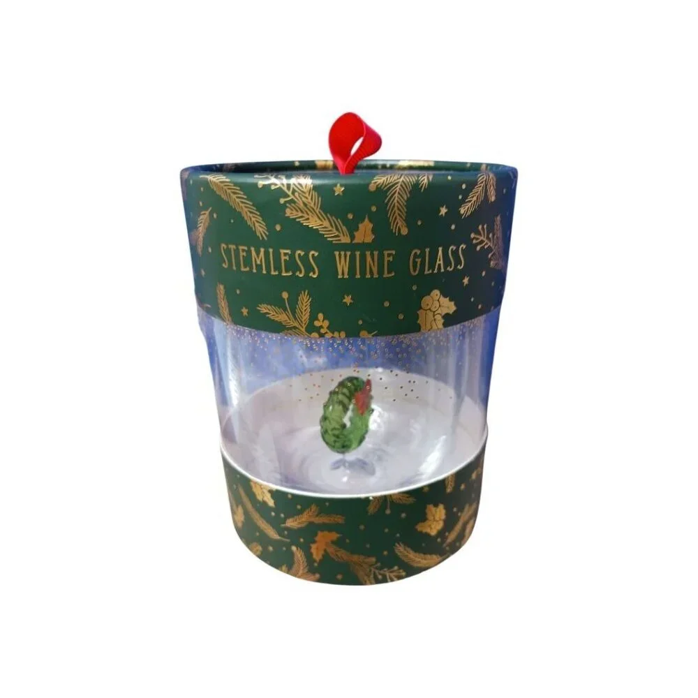 Stemless Wine Glass Christmas With Festive Green Wreath & Red Bow Design In Gift
